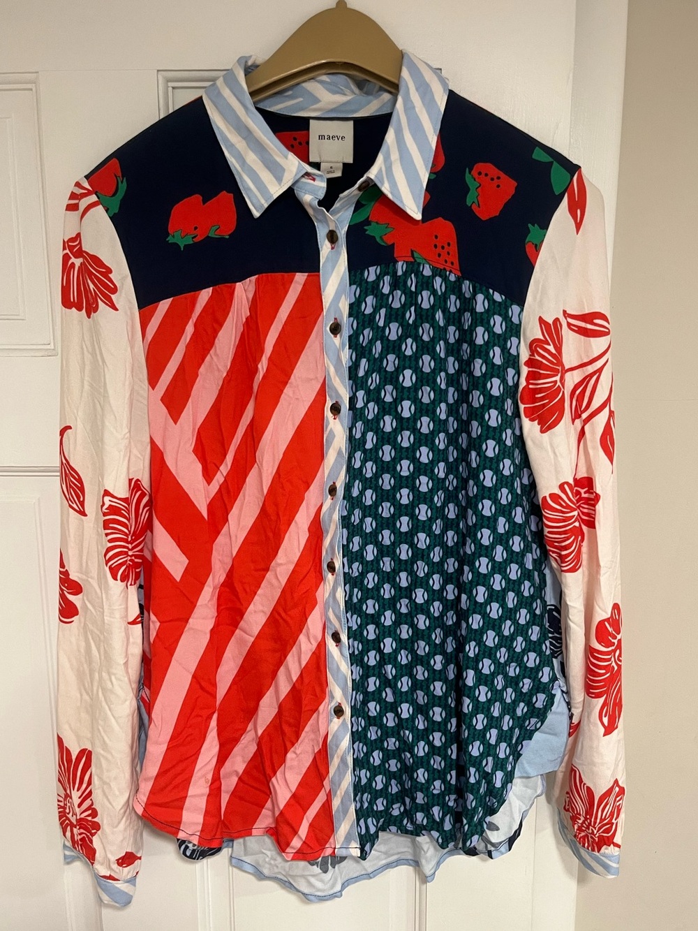 Maeve (anthropology) women’s blouse S small. Red, blue patchwork. Super soft